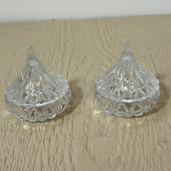Other - Hershey Kiss Shaped Crystal Trinket Box Set 2 Clear Glass‎ Candy Dish Lidded